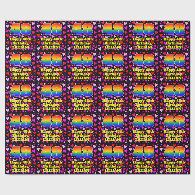 48. Geburtstag: Loving Hearts Pattern, Regenbogen  Geschenkpapier (Saum)