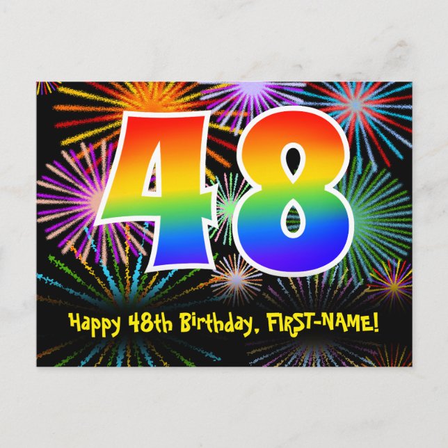 48. Geburtstag – Lustiges Feuerwerk Muster + Regen Postkarte (Vorderseite)