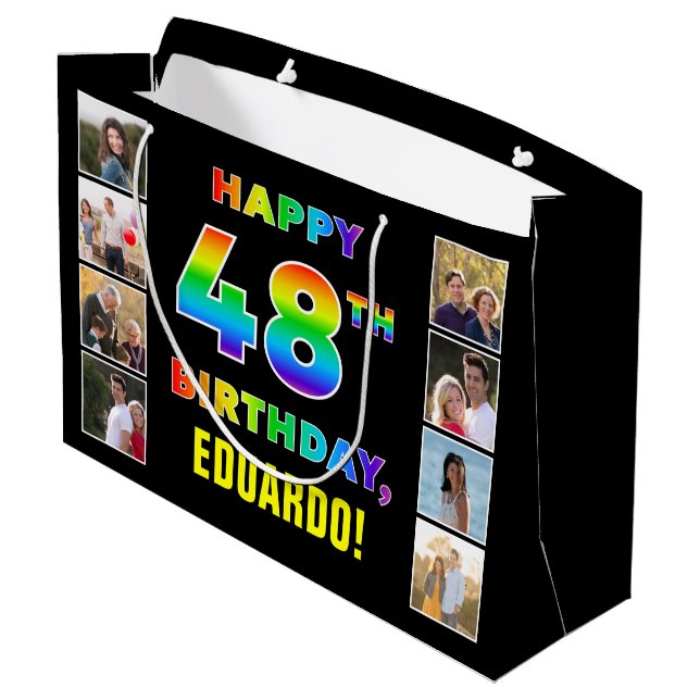 48. Geburtstag: Regenbogentext, benutzerdefinierte Große Geschenktüte (Rückseite Schrägansicht)