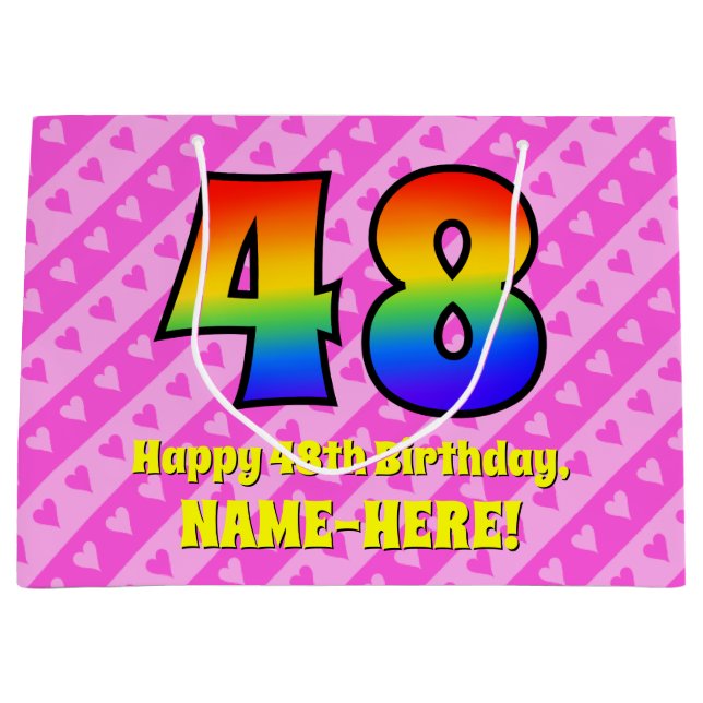 48. Geburtstag: Rosa Streifen & Herz, Regenbogen # Große Geschenktüte (Vorderseite)