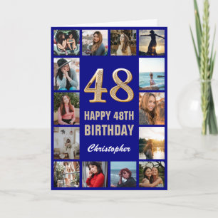 48. Happy Birthday Navy Blue & Gold Foto Collage Karte