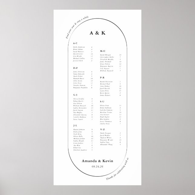 48" Moderne Oval Seating Chart Poster (Vorne)