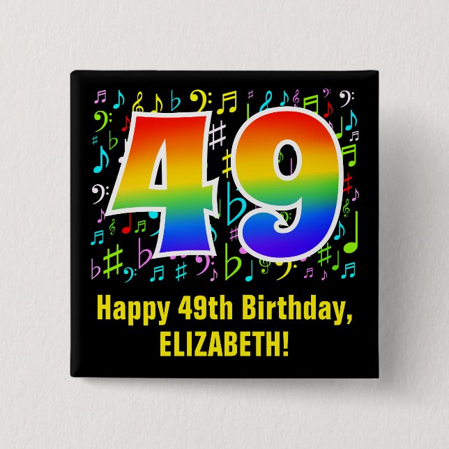 49. Geburtstag: Farbige Musiksymbole, Regenbogen 4 Button (Vorderseite)
