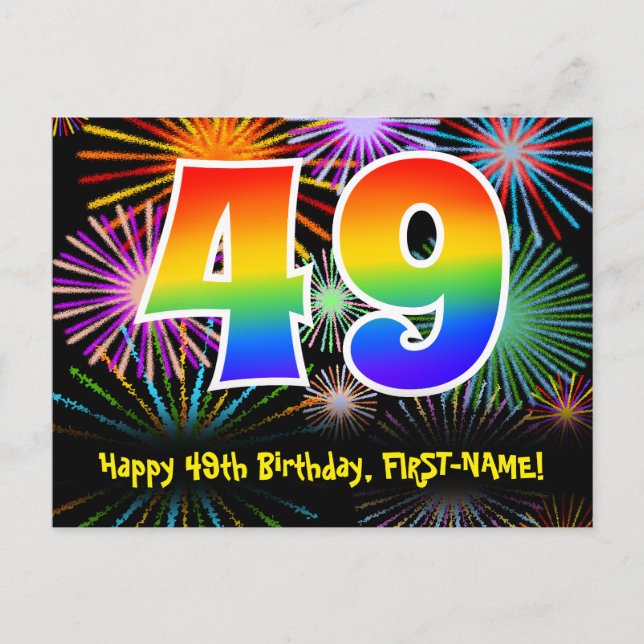49. Geburtstag - Fun Fireworks Pattern + Regenboge Postkarte (Vorderseite)