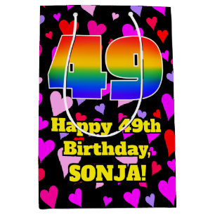 49. Geburtstag: Loving Hearts Pattern, Regenbogen  Mittlere Geschenktüte