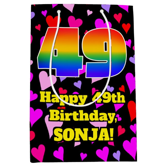 49. Geburtstag: Loving Hearts Pattern, Regenbogen  Mittlere Geschenktüte (Vorderseite)