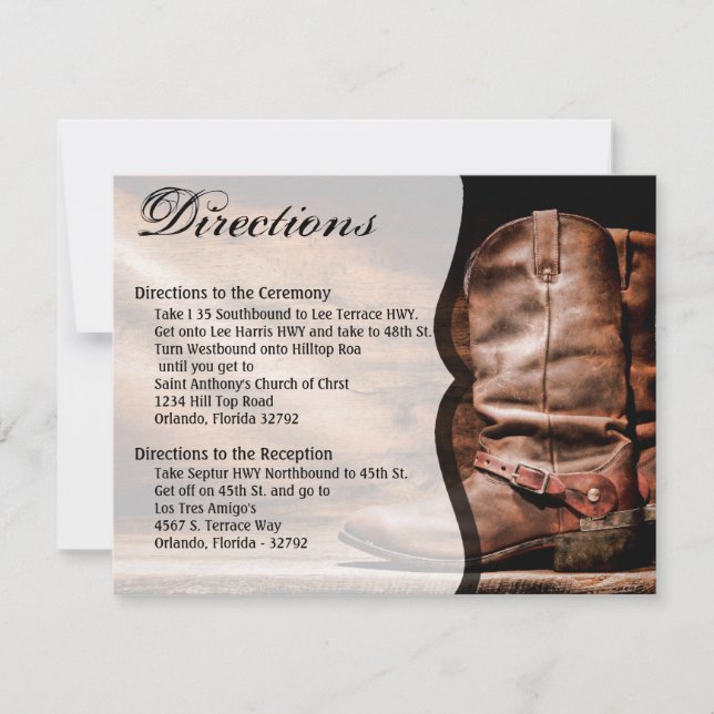 4.25x5.5 Direction Card Cowboy Boots Barn Wood Rus Einladung (Vorderseite)