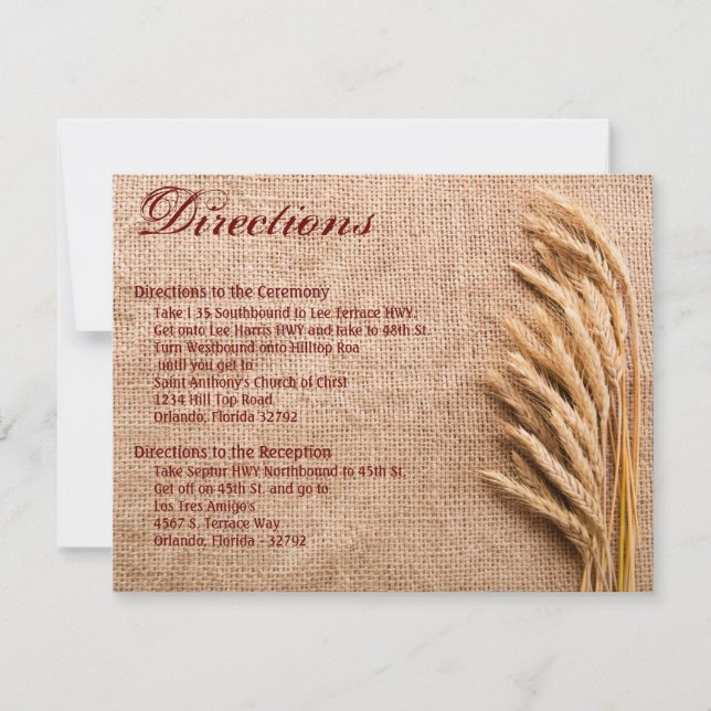4.25x5.5 Direction Card Wheat auf Burlap-Sackzählu Einladung (Vorderseite)