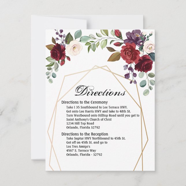 4.25x5.5 Direction Card White Roses Gold Geometric Einladung (Vorderseite)