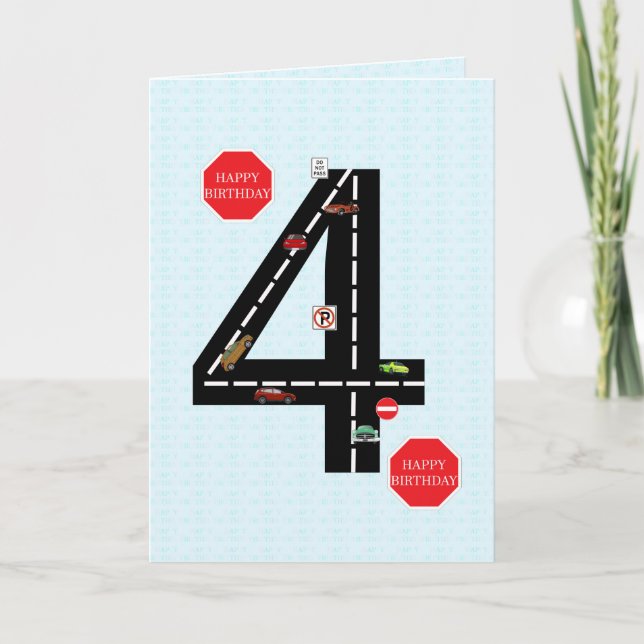 4., 4. Geburtstag, Spielzeugautos und Straße Karte (Vorderseite)