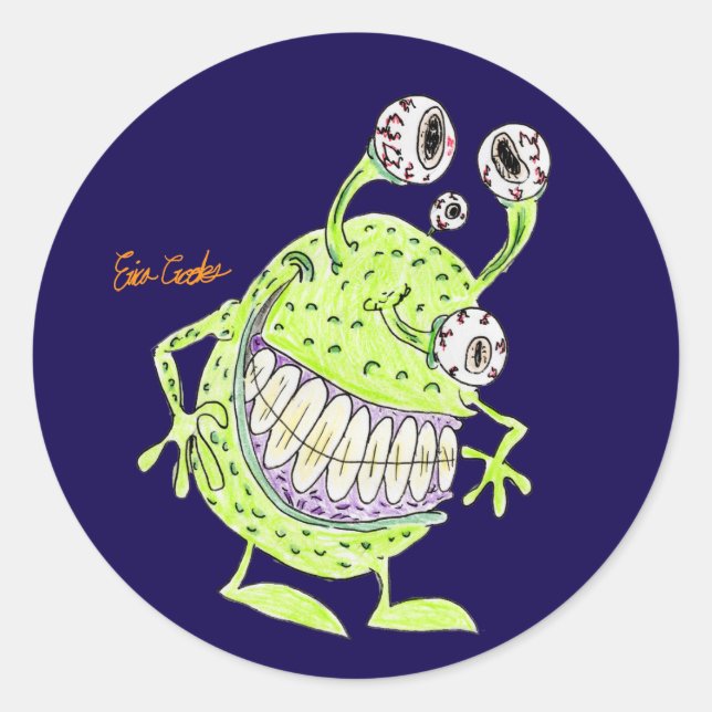 4-äugiges grünes Alien-Monster Runder Aufkleber (Vorderseite)
