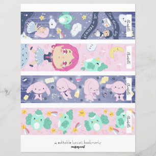 4 Bearbeitbares Kawaii Blue & Pink Lesezeichen
