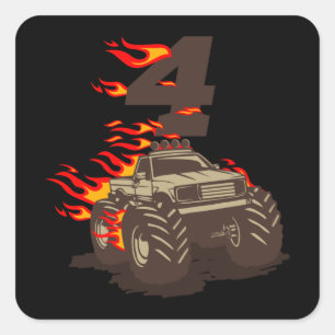 4. BIRTHTAG MONSTER TRUCK 4. Geburtstag Boy Truck Quadratischer Aufkleber