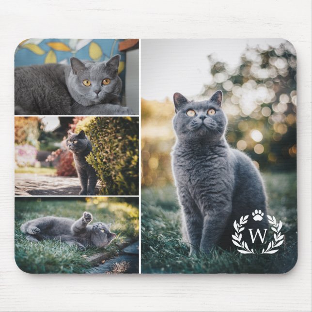 4 Cat Foto Collage Paw Laurel Wreath Monogramm Mousepad (Vorne)