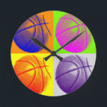 4 Colour Pop Art Basketball Runde Wanduhr<br><div class="desc">Retro Style Pop Kunst und Kunst</div>