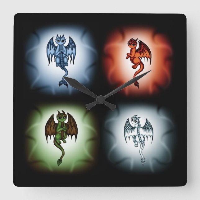4 Elemente Dragons Quadratische Wanduhr (Vorderseite)