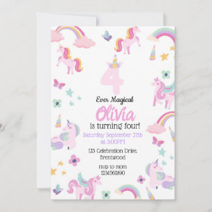 4 ewig magisches, Einhorn Geburtstag, Regenbogen Einladung