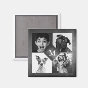 4 Familienfotos Collage Schwarzes Tafel-Monogramm  Magnet