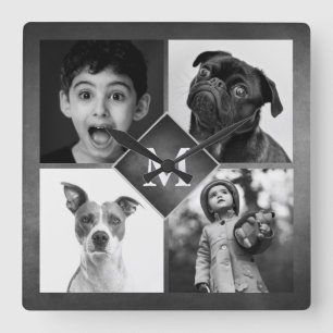 4 Familienfotos Collage Schwarzes Tafel-Monogramm Quadratische Wanduhr