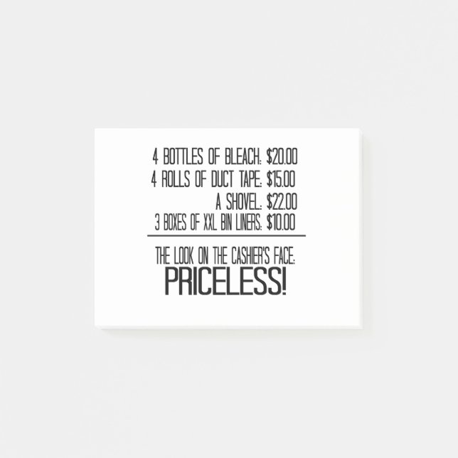 4 Flaschen Blech: 20,00 US-Dollar 4-Rollen-Band: Post-it Klebezettel (Vorderseite)