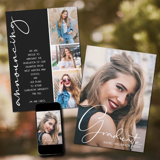 4 Foto Abschluss Collage Black and White Script Ankündigung (4 Photo Graduation Collage Black and White Script Announcements)