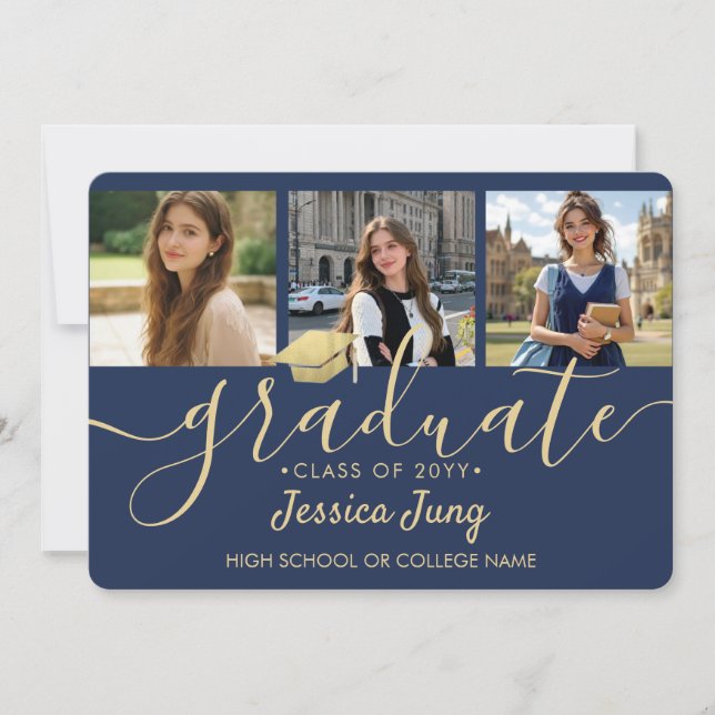 4-Foto-Abschluss-Collage-Script Navyblau und Gold Ankündigung (Vorderseite)