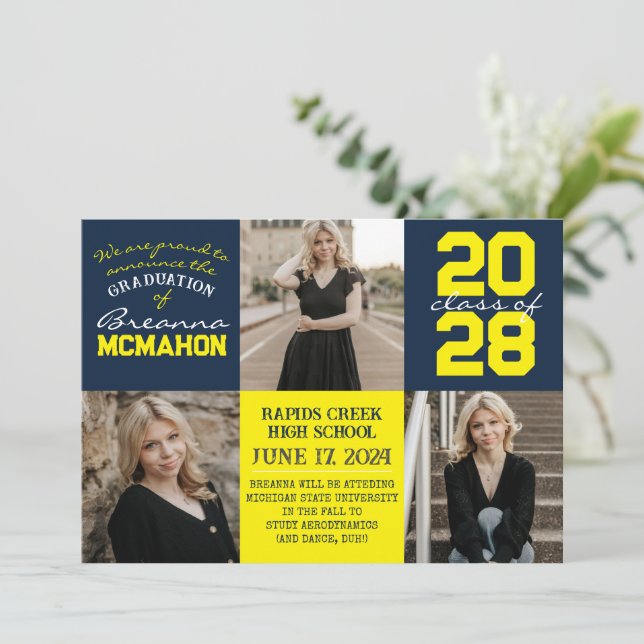 4-Foto-Ankündigung für Navy & Yellow-Abschluss Einladung (Stehend Vorderseite)