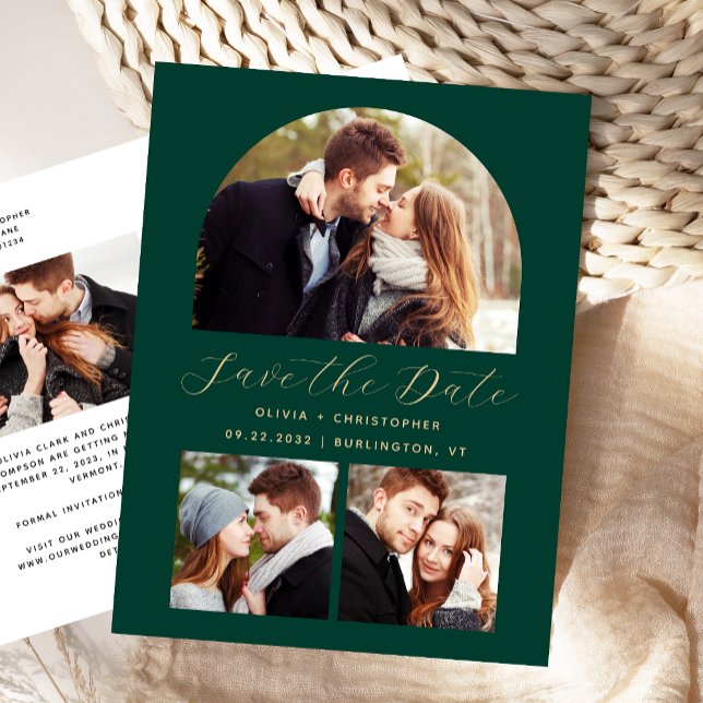 4-Foto Arch Emerald Green Gold Save the Date Postkarte (Von Creator hochgeladen)