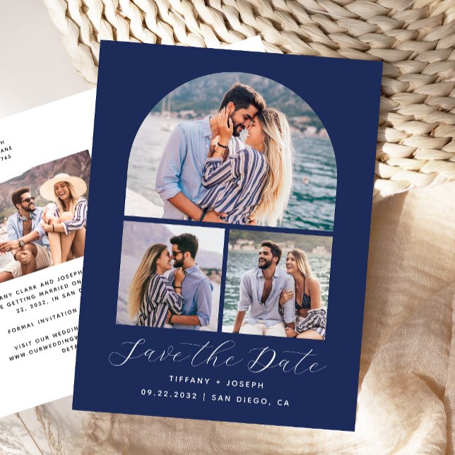 4 Foto Arch Navy Blue Save the Date Postkarte (Von Creator hochgeladen)