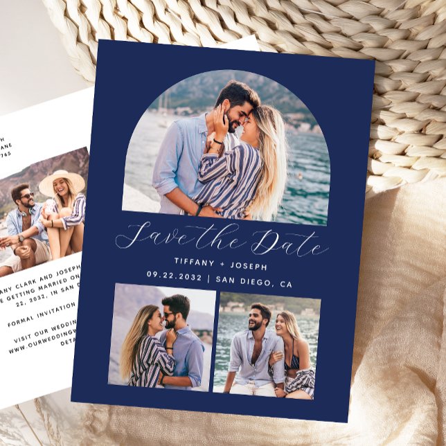 4 Foto Arch Navy Blue Save the Date Postkarte (Von Creator hochgeladen)