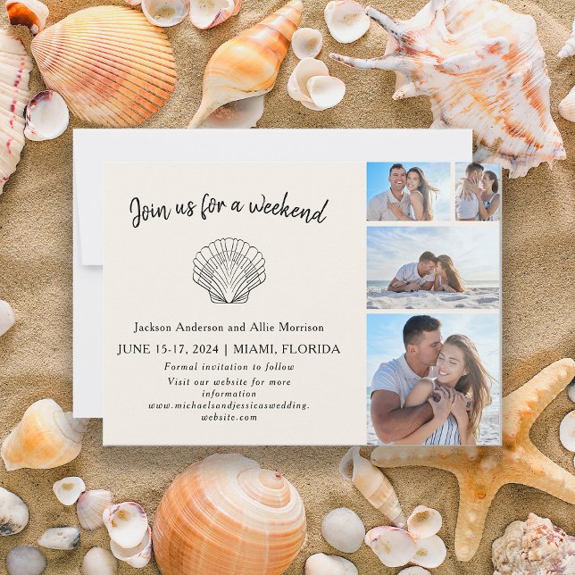 4 Foto Beach Seashell Hochzeit in Urlaubsort Save The Date (4-photo beach wedding Save the Date card)