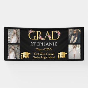 4 Foto Black Gold Floral GRAD Name School Banner