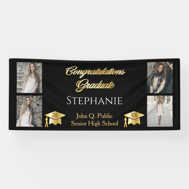 4 Foto Black Gold Glückwunsch Graduate Name School Banner (Horizontal)
