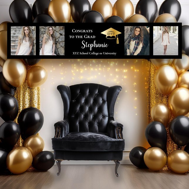 4 Foto Black Gold Glückwunsch Graduate Name School Banner (Elegant Black and Gold Tone 4 Photo "Congrats to the Grad" Graduation Party Banner)