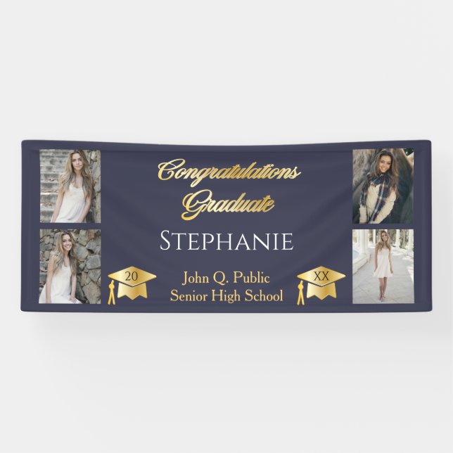4 Foto Blue Gold Glückwunschs Graduate Name School Banner (Horizontal)