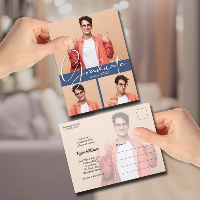 4 Foto Blue Graduation Party Einladung Postkarte (4 Photo Blue Graduation Party Invitation Postcard)