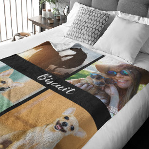 4 Foto Collage Dog Blanket mit Schwarz  Fleecedecke