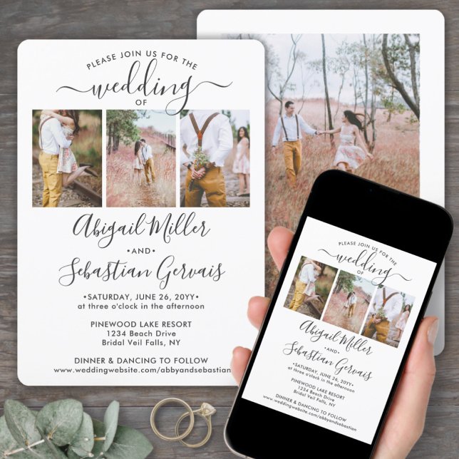 4 Foto Collage Einfaches, elegantes Skript Hochzei Einladung (Von Creator hochgeladen)
