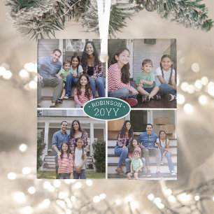 4 Foto Collage Familienname & Jahr Aquamarin & wei Ornament Aus Glas