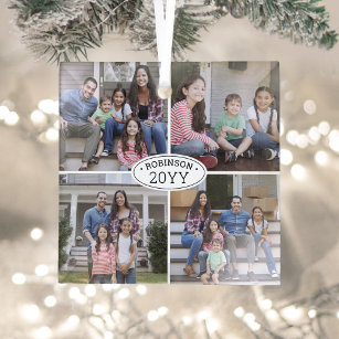 4 Foto Collage Familienname & Jahr Einfach weiß Ornament Aus Glas