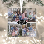 4 Foto Collage Familienname & Jahr Schwarz & Weiß Ornament Aus Glas<br><div class="desc">Feiern Sie mit einem 4-Foto-Kollektiv aus schwarz-weißem Glas die Urlaubsfreuden. Alle Texte und Bilder auf dieser Vorlage sind einfach zu personalisieren. (IMAGE PLACEMENT TIP: Eine einfache Möglichkeit, ein Foto genau so zu zentrieren, wie Sie es gewollt haben, ist es, es einzuschneiden, bevor Sie es auf die Zazzle-Website hochladen.) Das moderne...</div>