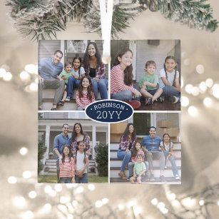4 Foto Collage Familienname & Year Navy Blue White Ornament Aus Glas