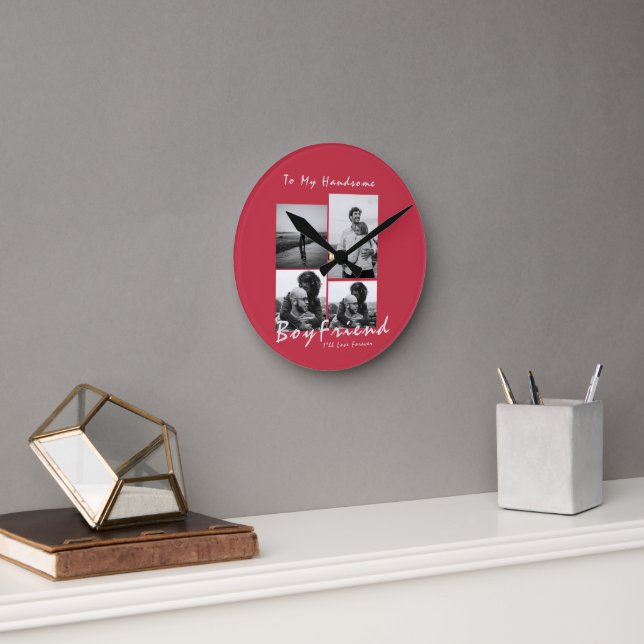 4-Foto Collage Forever Boyfriend Valentine's Day Runde Wanduhr (Büro)