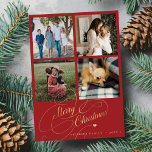 4 Foto Collage Frohe Weihnachtsgeschichten Rot Feiertagskarte<br><div class="desc">Elegante stilvolle Frohe Weihnachten Imitate Gold klassische Kalligraphie Skript vier viereckige Familie Fotos einfache rote Urlaubskarte mit Ihrem personalisierten Text auf beiden Seiten. BITTE BEACHTEN SIE, dass die Hintergrundfarbe editierbar ist. Sie können es ändern, nachdem Sie unter dem IT-Menü PERSONALISIEREN die Option CUSTOMIZE ausgewählt haben. Wenn Sie es sich nicht...</div>
