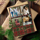 4 Foto Collage Frohe Weihnachtsschrift kariert Feiertagskarte<br><div class="desc">Elegante stilvolle Frohe Weihnachten Imitate Gold klassische Kalligraphie Skript vier viereckige Familie Fotos rustikale rot grüne karierte tartan Urlaubskarte mit Ihrem individuellen personalisierten Text auf beiden Seiten.</div>