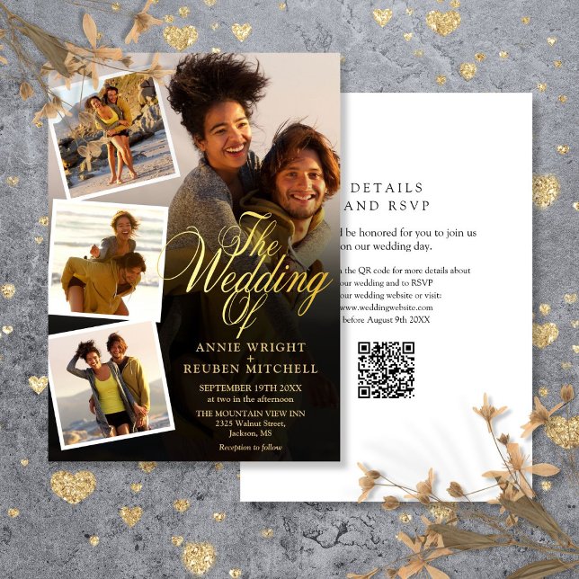 4 Foto Collage Gold Script QR Code Hochzeit Einladung (4 Photo Collage Gold Script QR Code Wedding Invitation)