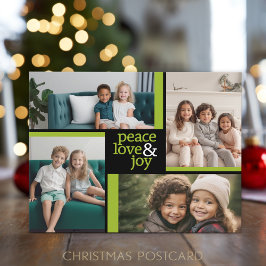 4 Foto Collage grün schwarz Peace Liebe Joy Feiertagspostkarte