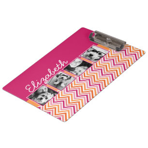 4 Foto-Collage Hot Pink Orange Chevron Klemmbrett