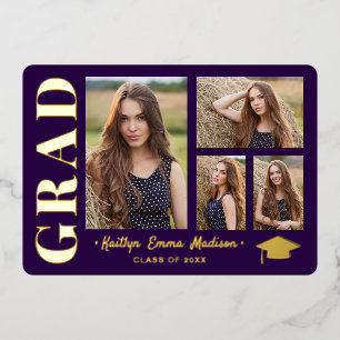 4 Foto Collage Lila & Gold Foil Grad Card Folieneinladung