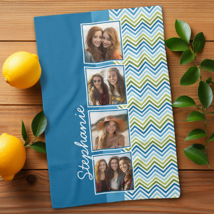4-Foto-Collage mit farbenfrohen Chevron-Muster Geschirrtuch